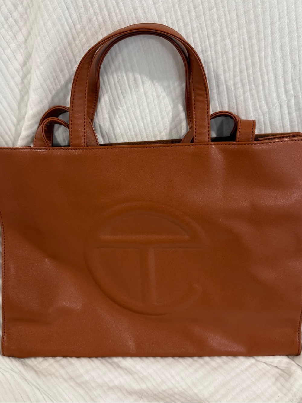Telfar Cognac Brown Leather Tote with Embossed Logo